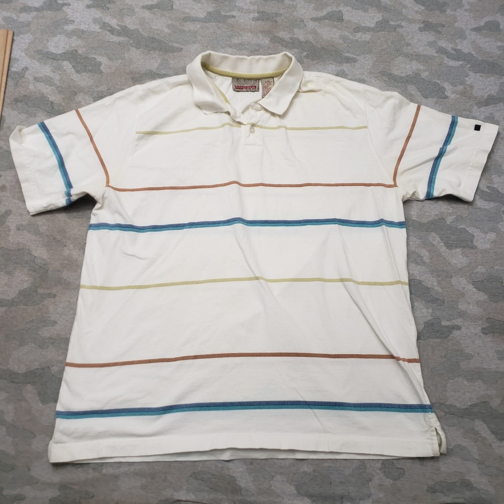 Vintage Quiksilver Polo Shirt Mens Large White Y2k Striped Short Sleeve Skate